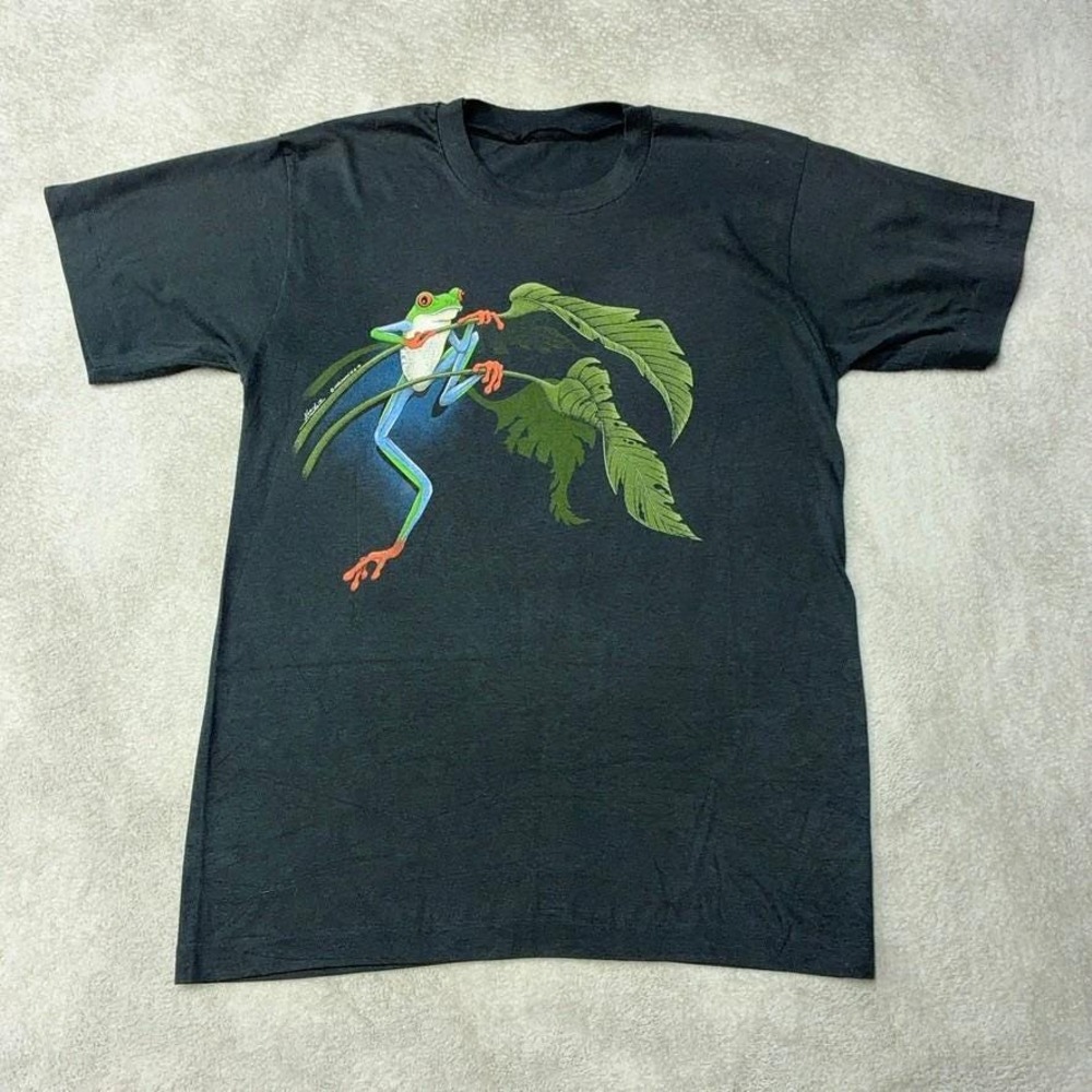 Vintage 90s Harlequin Nature Graphics Frog T-Shirt 1991 Single Stitch Mens S?